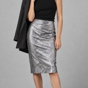 SPRWMN Metallic Silver Black Leather Straight Pencil Mini Midi Skirt Size M